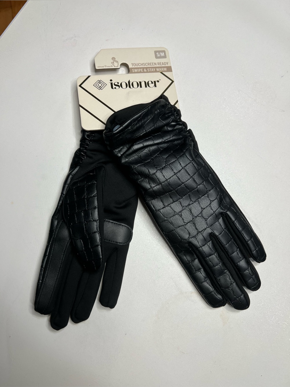 isotoner Women's Black Quilted Faux-Leather Touchscreen Gloves